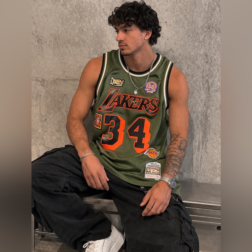 Mitchell & Ness Olive Lakers Jersey with Orange Accents